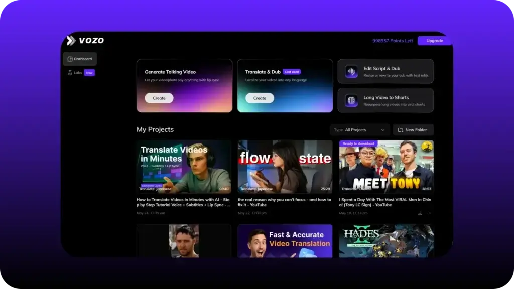 VOZO dashboard showing AI video translation, dubbing, lip sync, talking video, and long video to shorts tools
