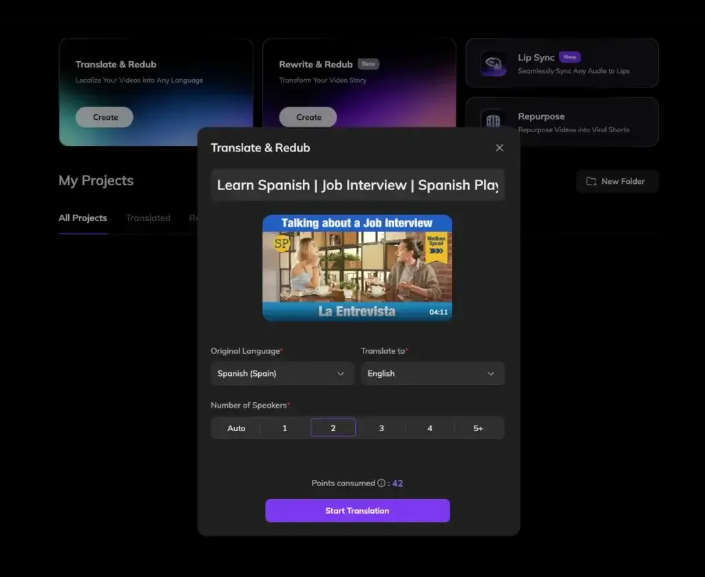VOZO translate and redub tool converting a Spanish video to English with speaker selection settings