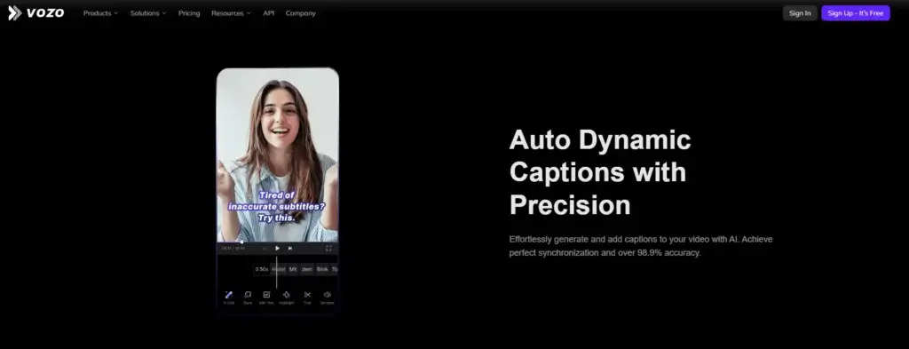 VOZO dynamic captions interface showing AI-generated subtitles with editing controls on a vertical video