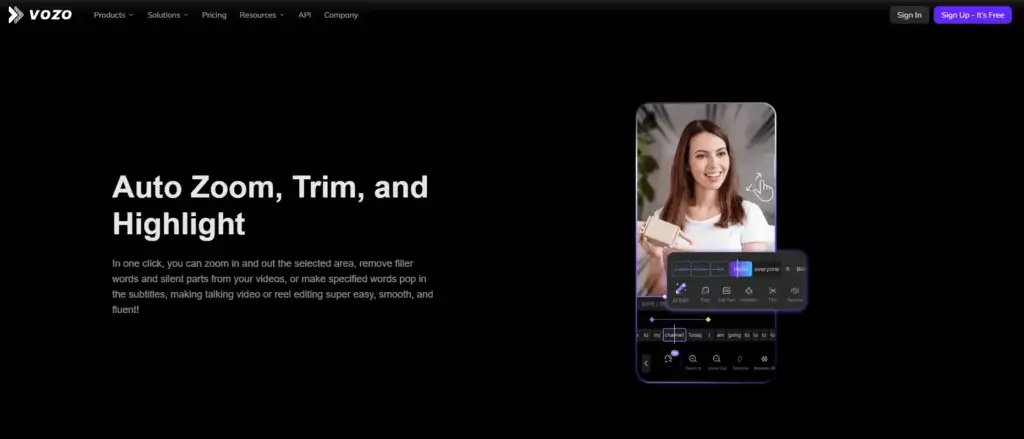 VOZO AI editing interface with auto zoom, trim, highlight, subtitle editing, and talking video controls