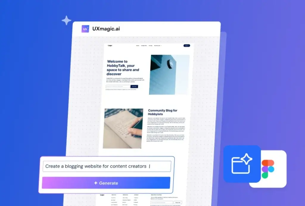UXmagic prompt-based website generator creating a blogging website layout from a text instruction
