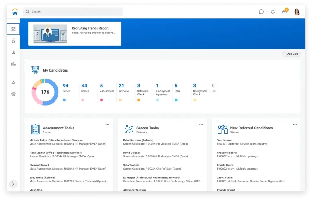 Workday Recruiting dashboard showing candidate pipeline and hiring task stages