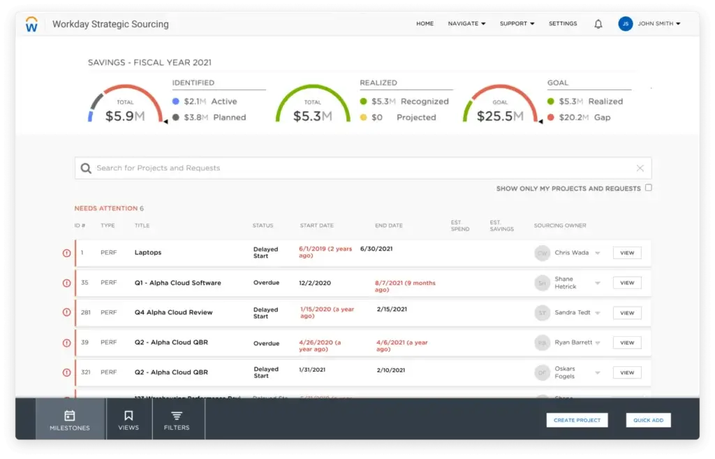 Workday Strategic Sourcing dashboard tracking savings, projects, and sourcing requests