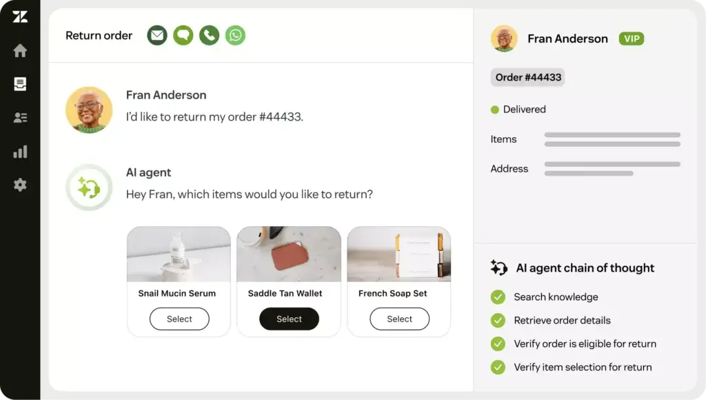 Zendesk AI agent assisting with a return order using product selection and customer context