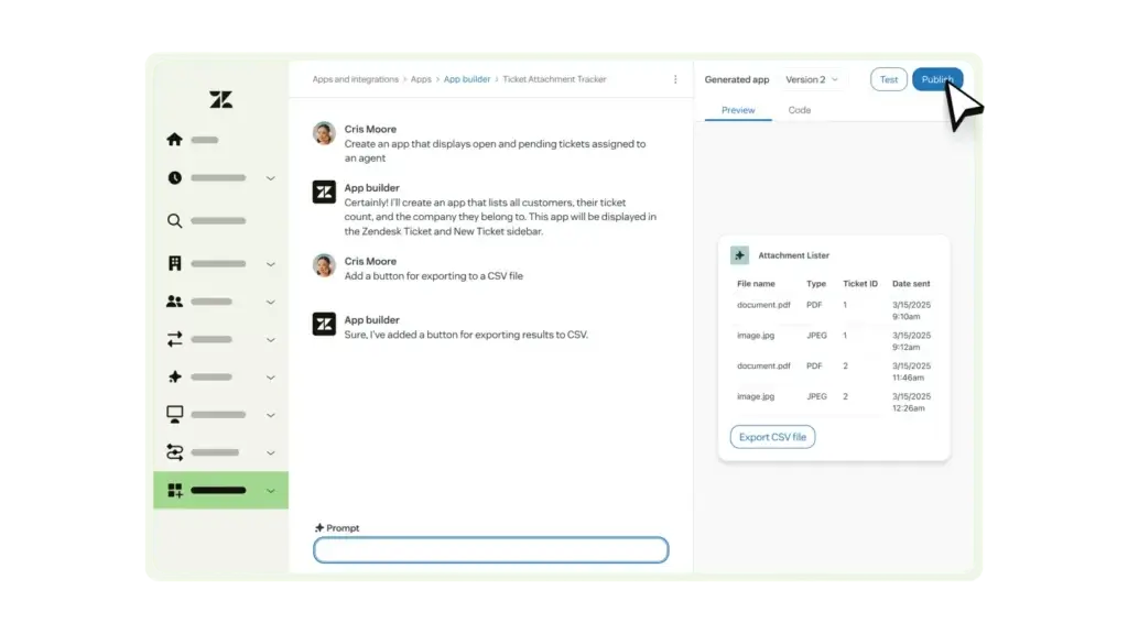 Zendesk app builder creating a custom support app with preview and publish options