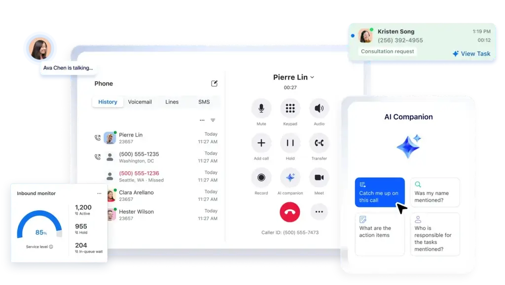 Zoom Phone interface with AI Companion and inbound call monitoring