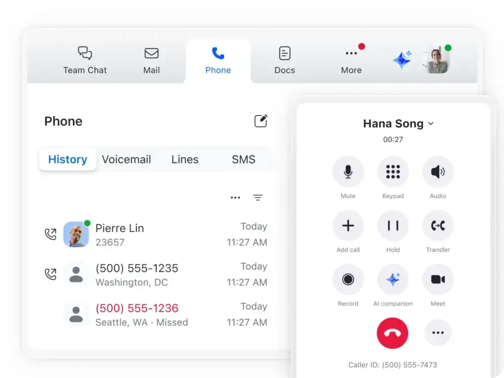 Zoom Phone inside Zoom Workplace with call history, voicemail, SMS, and AI tools