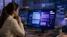 AEO VS SEO. Marketing strategist reviewing SEO and AEO visibility across search and AI answer engines