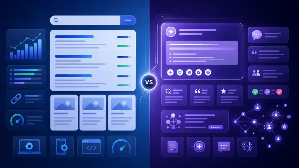 AEO VS SEO visual comparison showing rankings, traffic, AI citations, and brand mentions