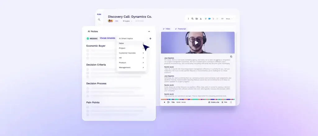 tl;dv AI notes and transcript interface for sales calls