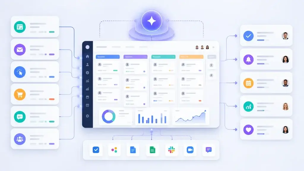 Autonomous CRM workflow connecting customer data, sales tasks, and AI follow-ups