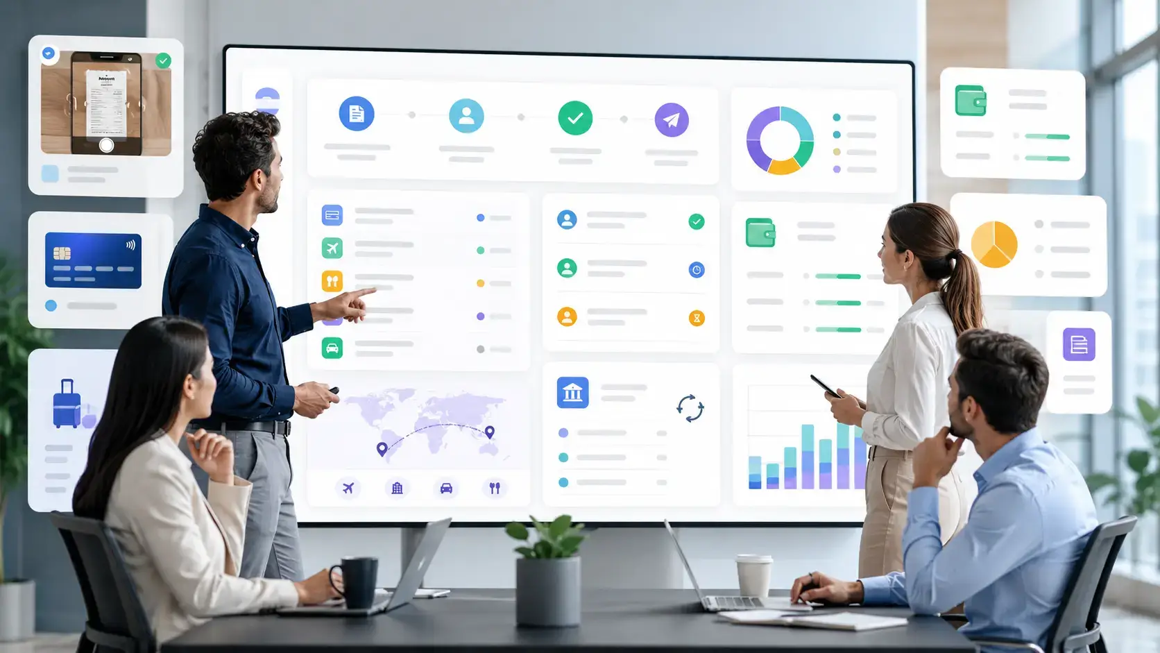 Finance team reviewing expense management software dashboard