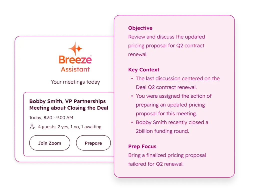 Breeze Assistant meeting insights for sales preparation and account follow-up