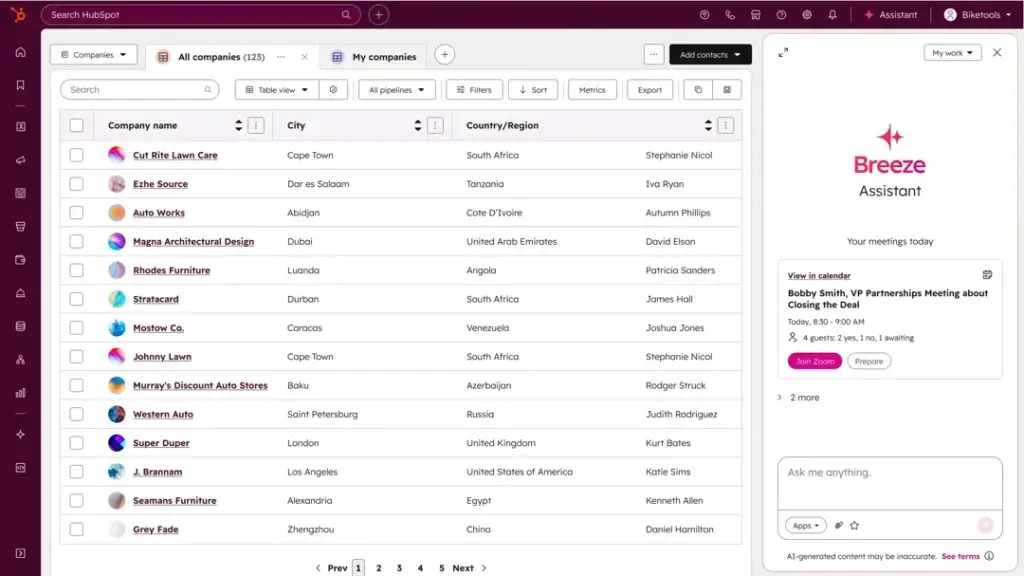 Breeze Assistant inside HubSpot CRM showing AI support for meetings and daily work