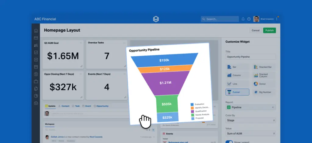 Wealthbox CRM customizable homepage with opportunity pipeline and dashboard widgets