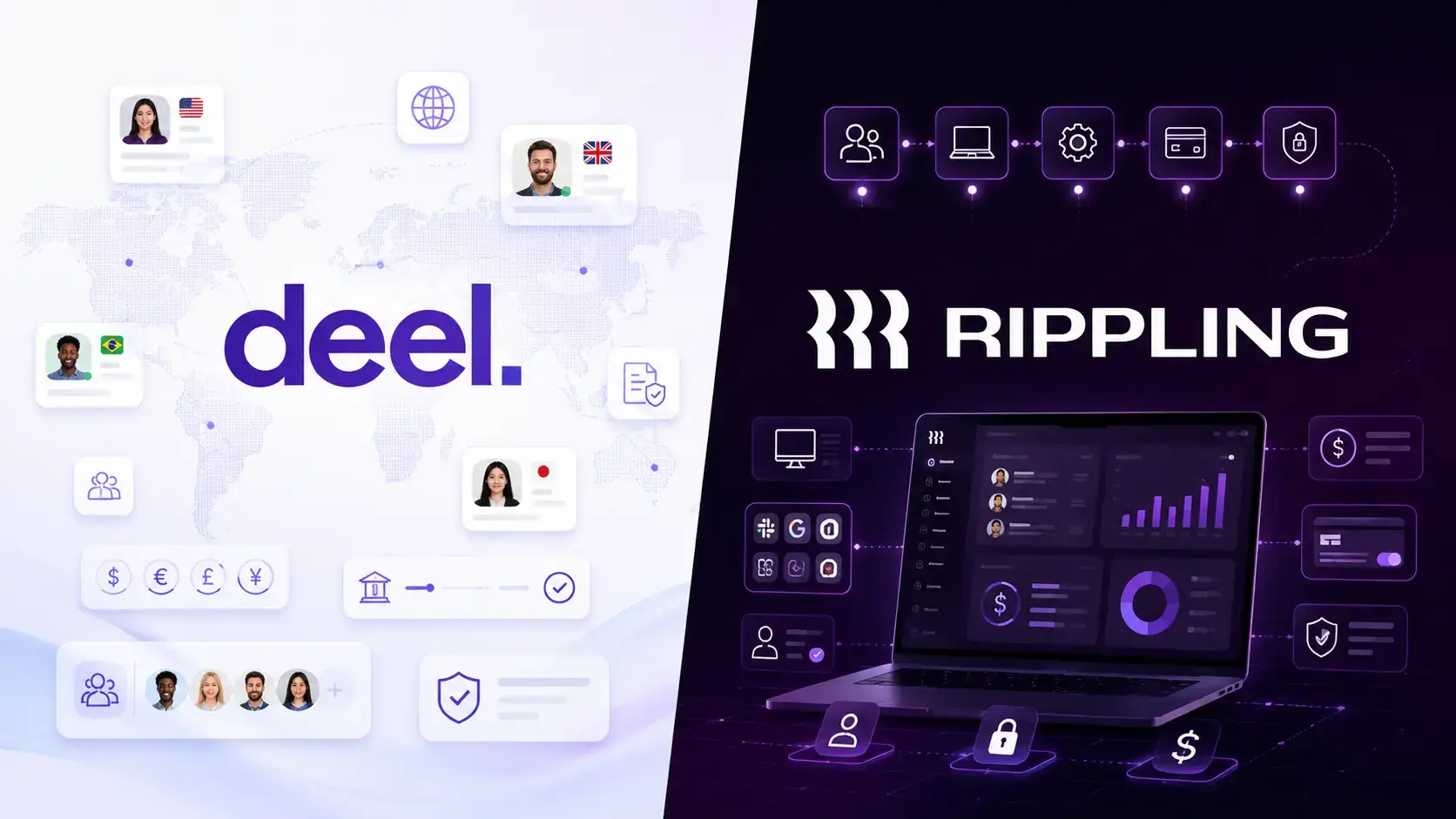 Deel and Rippling logos compared across global HR, payroll, IT, and workforce tools
