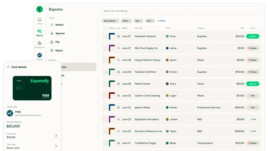 Expensify dashboard