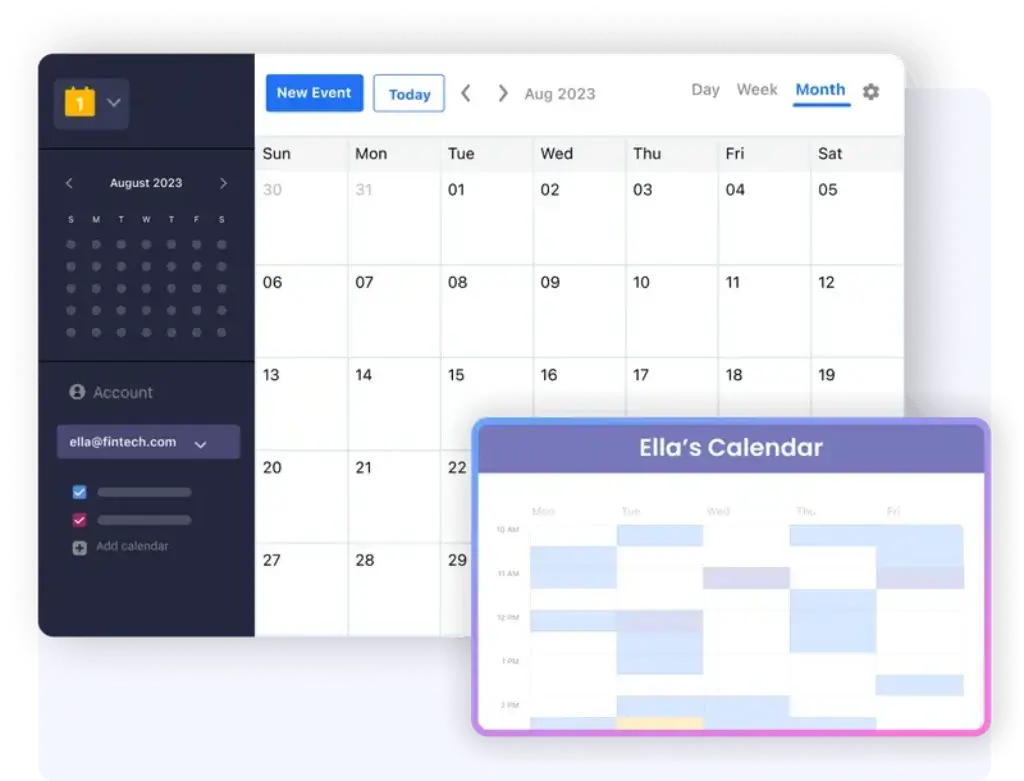 Neo Mail calendar interface showing monthly scheduling and shared availability for business users