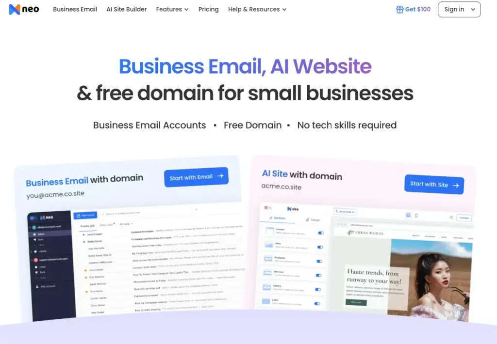 Neo Mail homepage showing business email, AI website builder, and free domain for small businesses