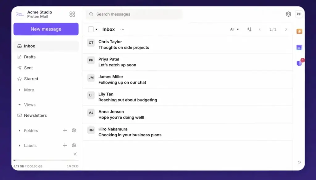 Proton Mail inbox interface with folders, labels, search, messages, and secure email workspace