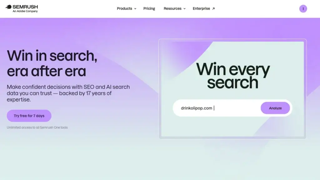 Semrush One homepage showing SEO and AI search data for improving search visibility