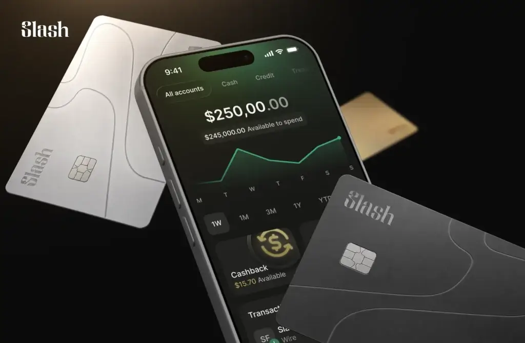 Slash business card and mobile app showing available balance, cashback, and spend activity