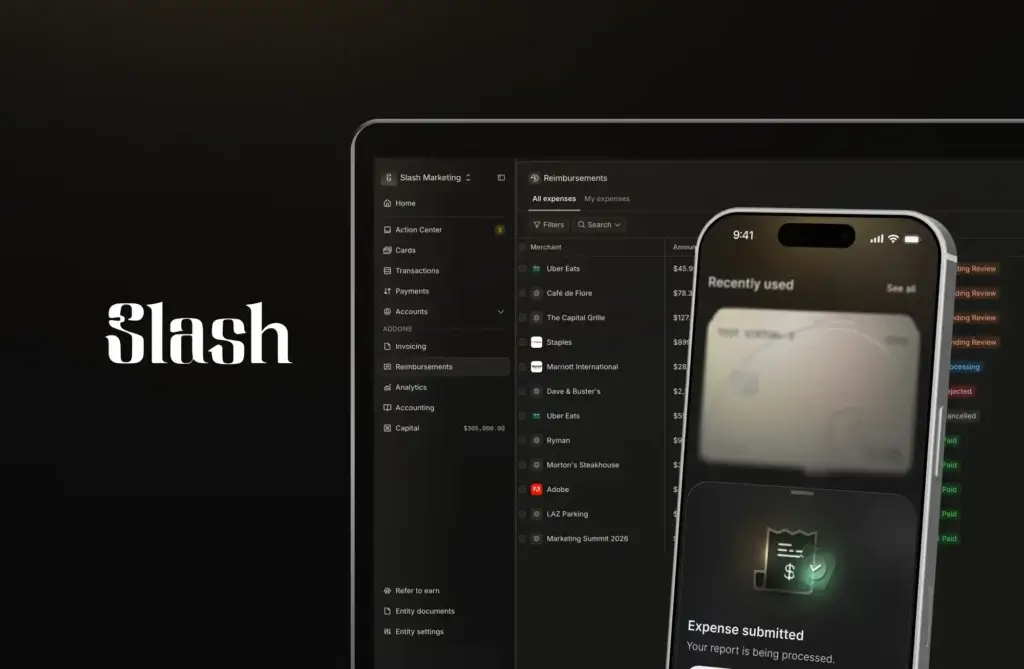 Slash app showing expense submission with reimbursement tracking dashboard