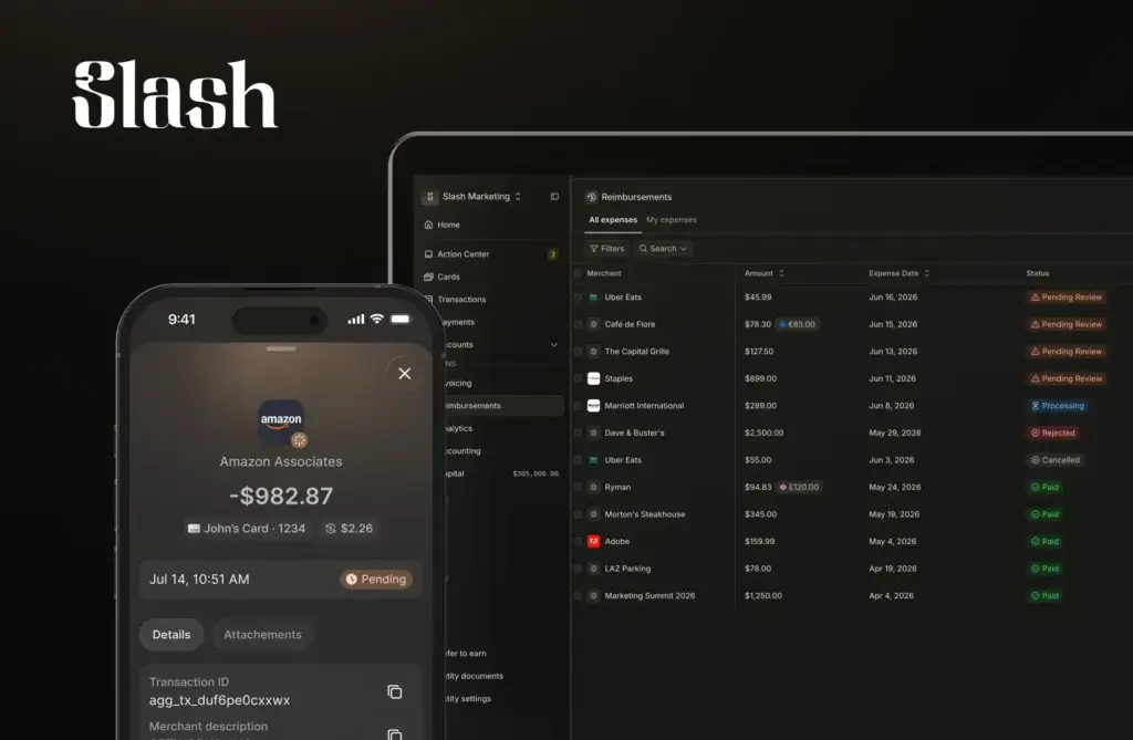 Slash dashboard showing reimbursements, transactions, and mobile payment details