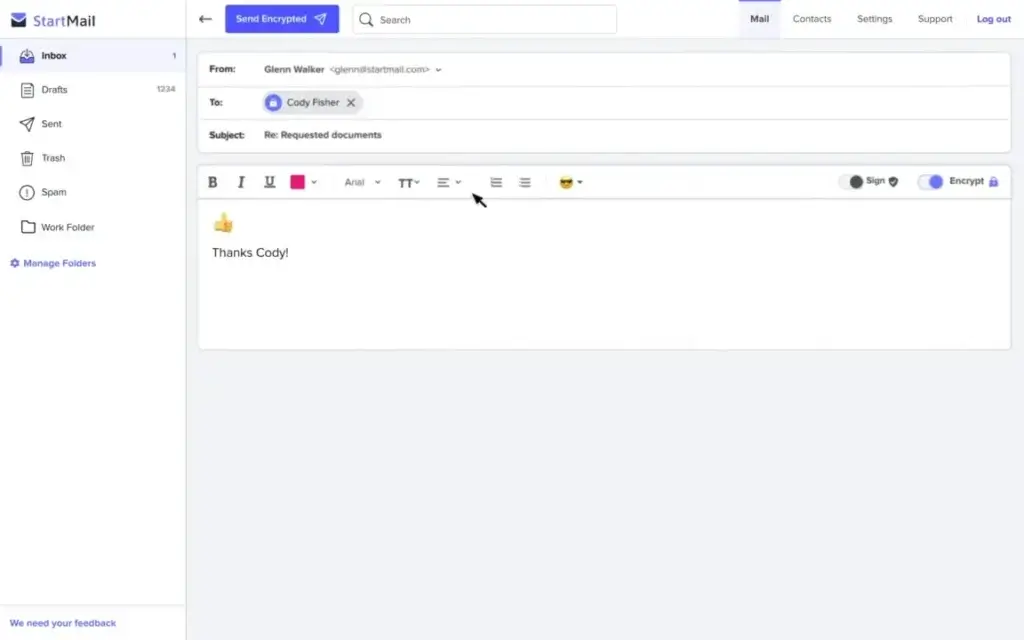 StartMail compose window with encryption enabled for a secure email message