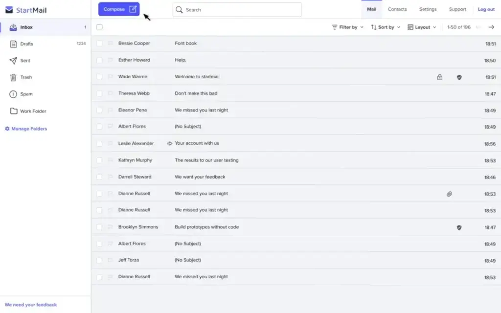 StartMail inbox interface with folders, search, message list, filters, and private email controls