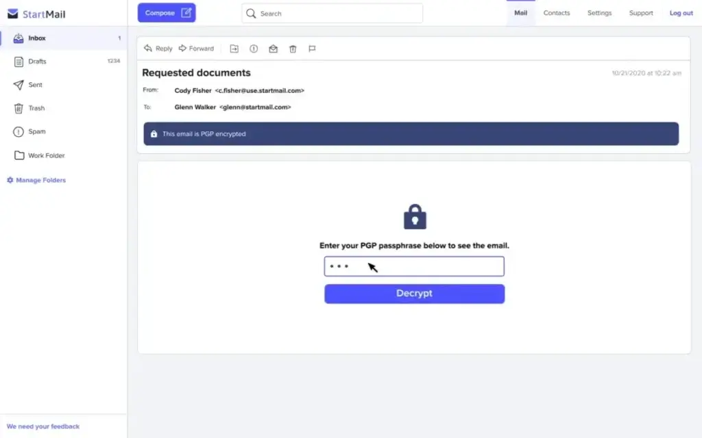 StartMail encrypted email message asking for a PGP passphrase to decrypt the content