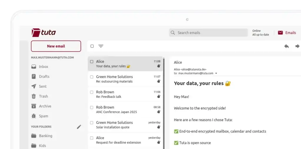 Tuta inbox interface showing encrypted email folders, messages, and a clean private email workspace.