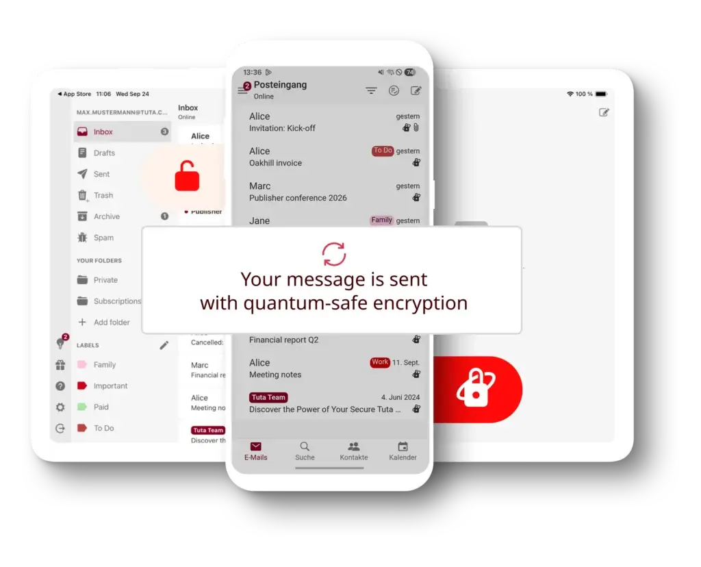 Tuta mobile and desktop email interface highlighting quantum-safe encryption for secure messages.