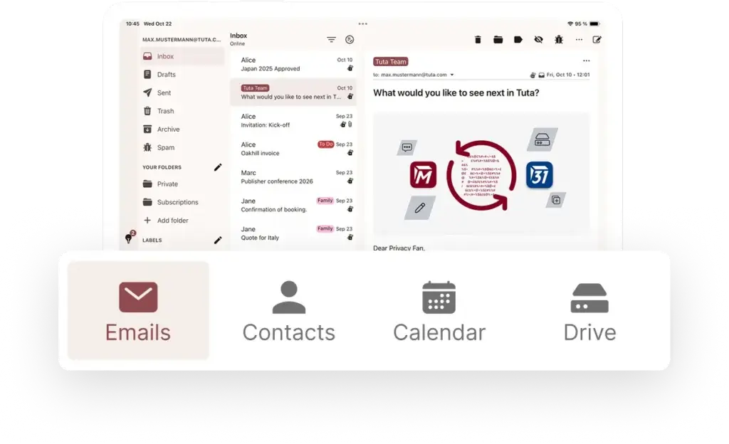 Tuta interface showing encrypted email, contacts, calendar, and drive tools in one private workspace.