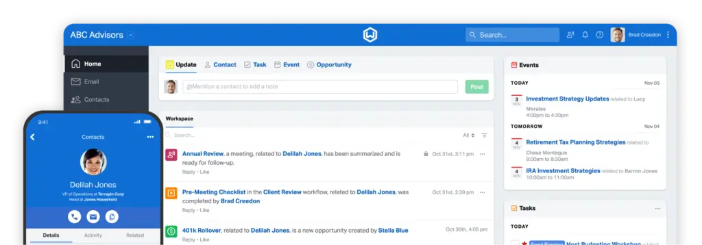 Wealthbox CRM AI workspace for financial advisors with tasks, events, and client updates