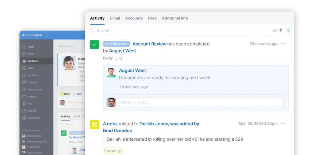 Wealthbox CRM activity stream showing client notes, tasks, and account review updates