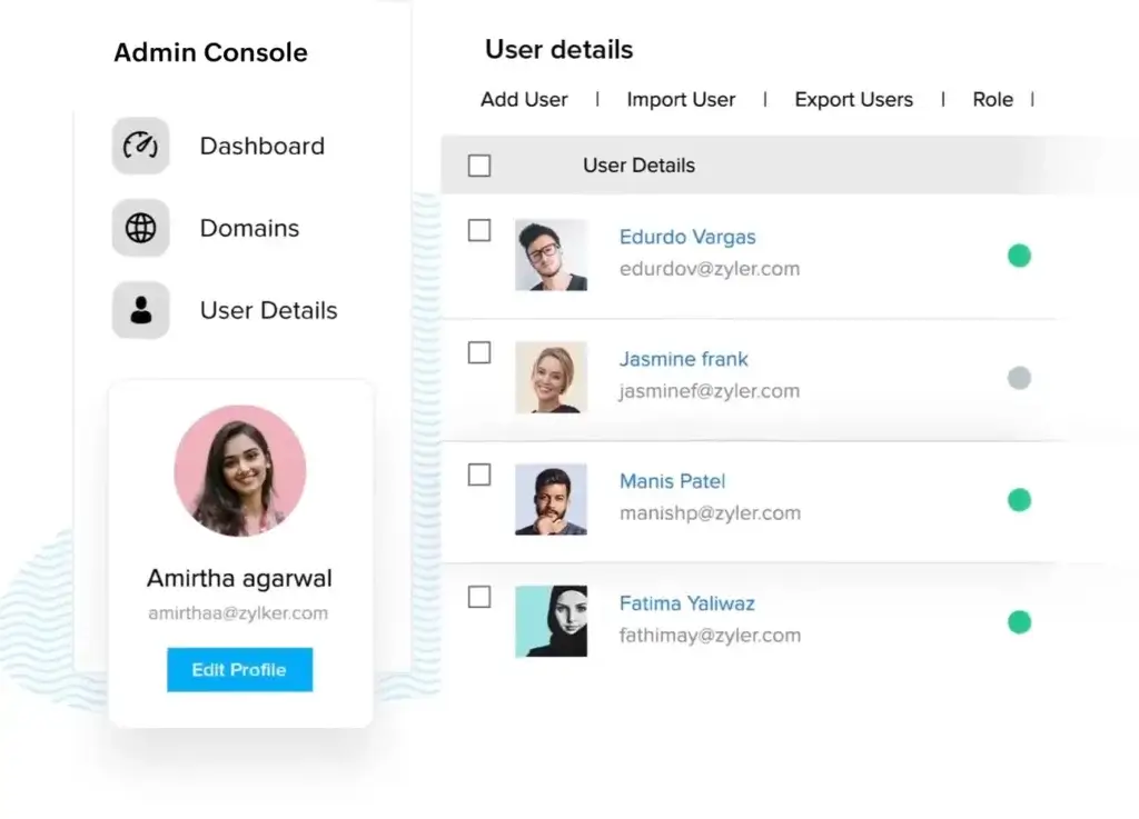 Zoho Mail admin console showing user details, domains, roles, and account management options.