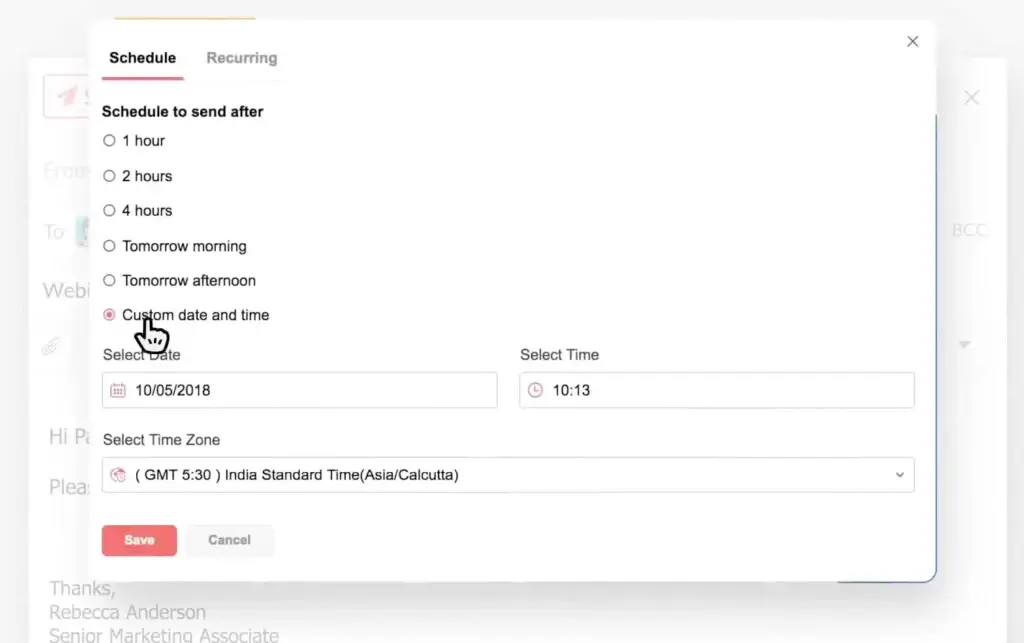 Zoho Mail schedule send window showing custom date, time, and time zone options.