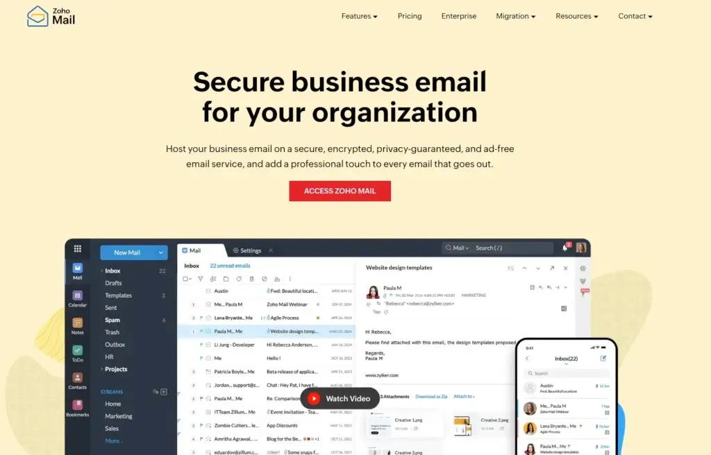 Zoho Mail homepage showing secure business email with web and mobile inbox views.