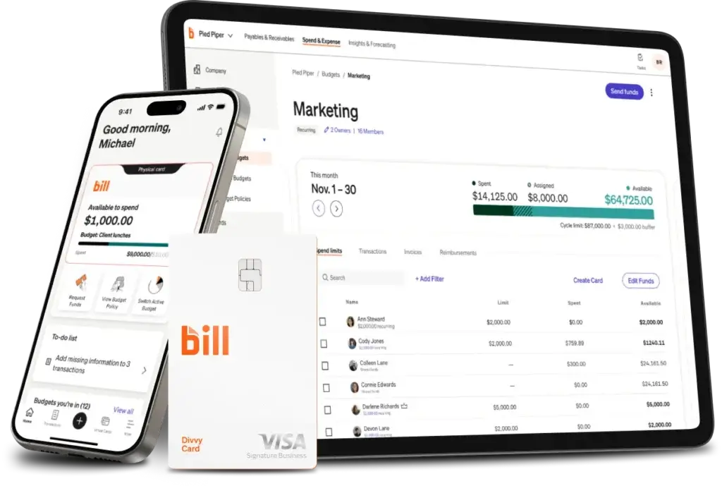 BILL Spend and Expense dashboard with card budgets and mobile spending controls