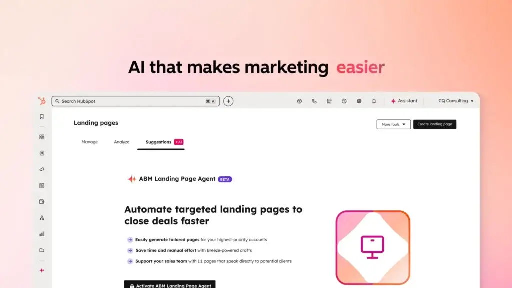Breeze by HubSpot AI marketing tool for landing page suggestions and campaign automation