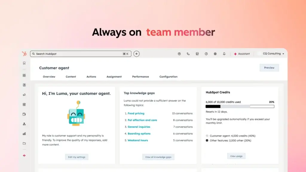 HubSpot Breeze Customer Agent dashboard showing knowledge gaps and AI credit usage