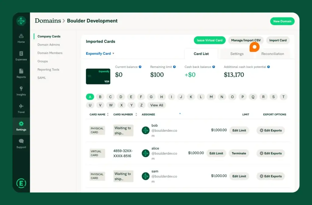 Expensify company card dashboard with virtual card controls and spending limits