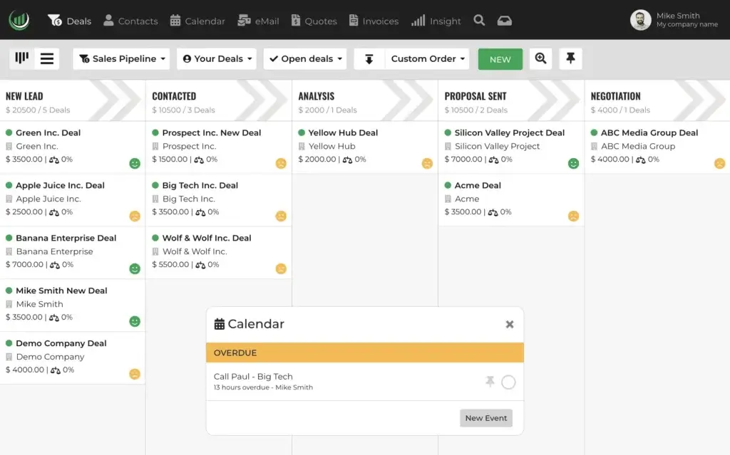 Onpipeline CRM sales pipeline board showing deals by stage, deal values, and overdue calendar task