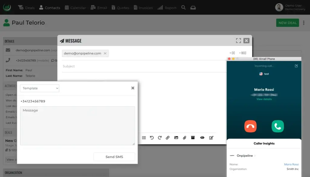 Onpipeline contact record with email composer, SMS window, and Aircall phone integration for sales communication
