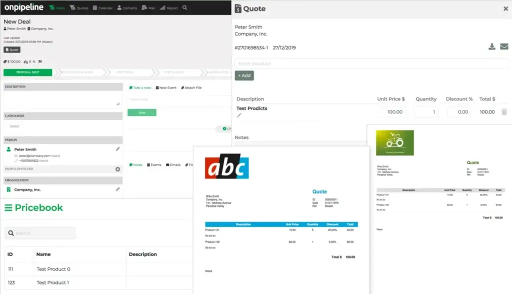 Onpipeline CRM screen showing quote creation, deal details, pricebook items, and quote document previews.