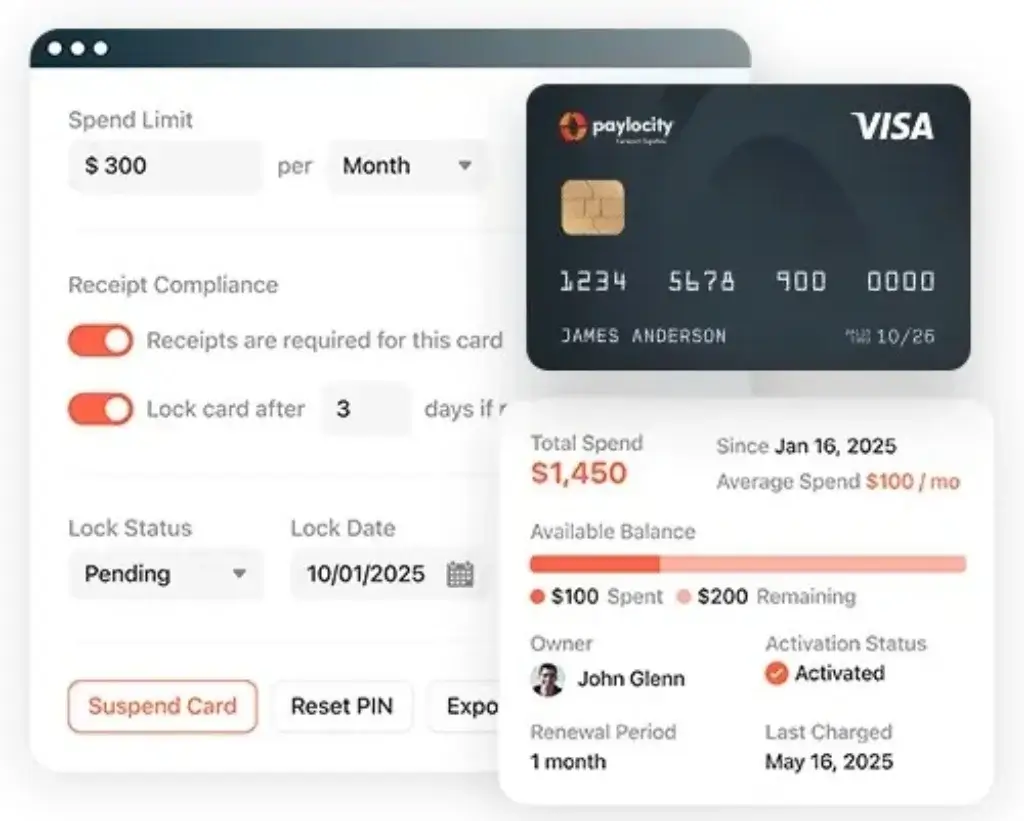 Paylocity corporate card controls with spend limits and receipt compliance settings