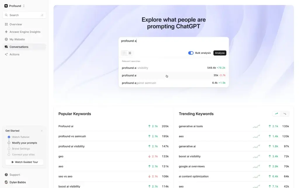 Profound prompt research dashboard showing ChatGPT search trends