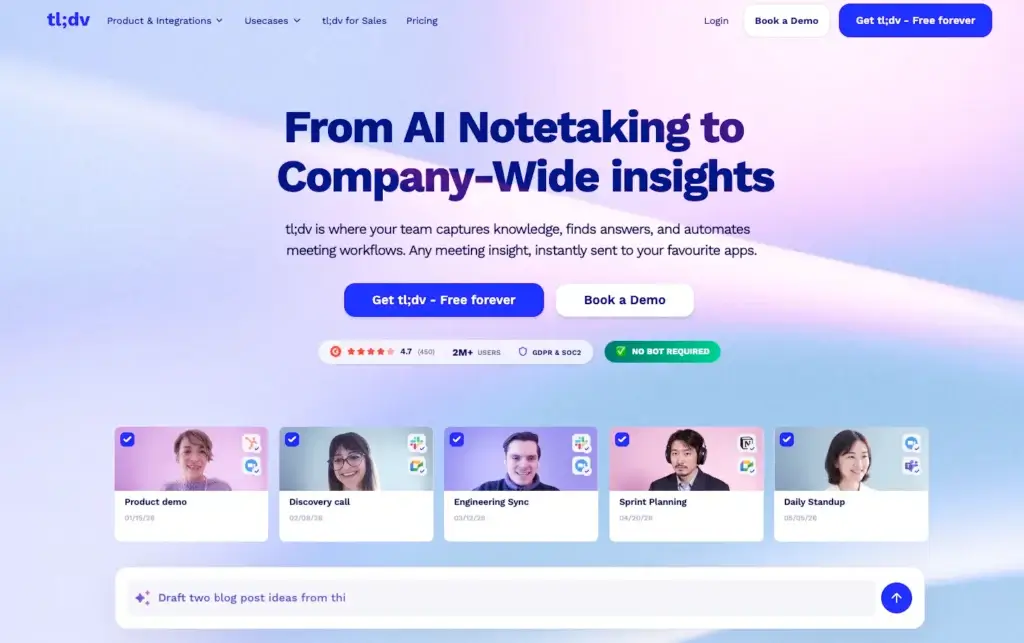 tl;dv AI note taker homepage for meeting insights