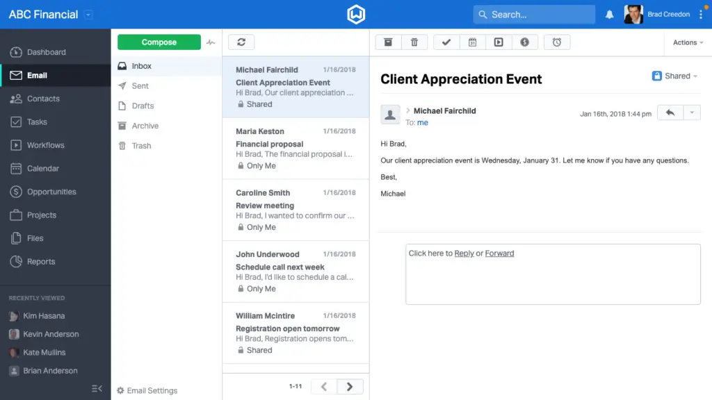 Wealthbox Mail inbox showing client emails inside the CRM interface